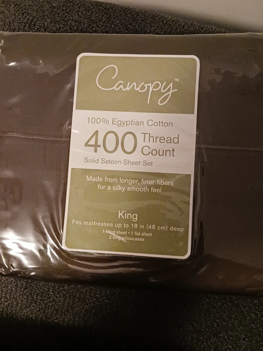 NWT Canopy 400-Thread Count Egyptian Cotton Sateen King Sheet Set - Chocolate - Picture 2 of 3